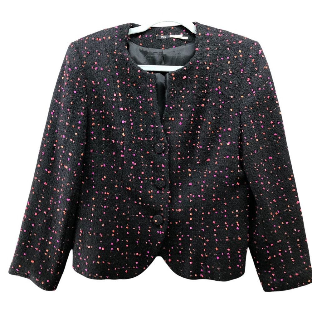 Jax Canada Tweed Blazer Womens 8 Black Pink Dot 3 Button Split Neck Career